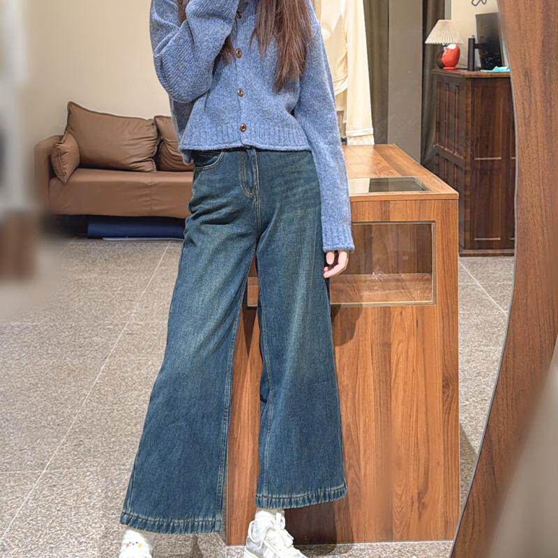 春新款阔腿牛仔裤女九分小个子宽松显瘦慵懒喇叭裤子四面弹大裤脚