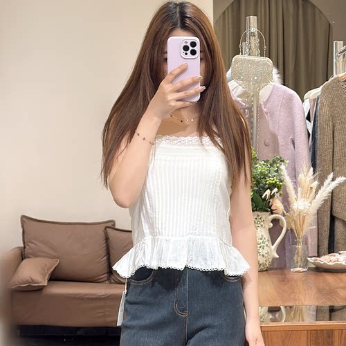 韩版甜美风琴褶吊带背心上衣女