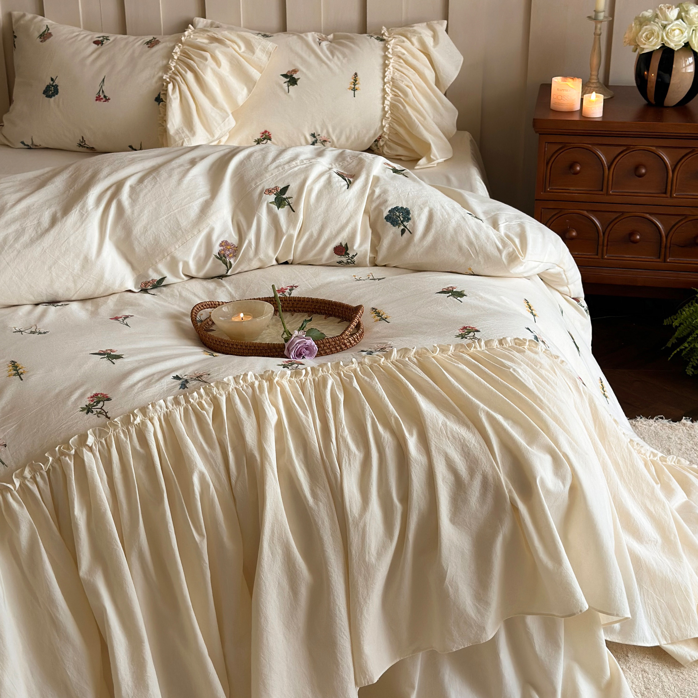 流光花语︱法式少女刺绣全棉床上四件套纯棉小众设计浪漫床裙被套