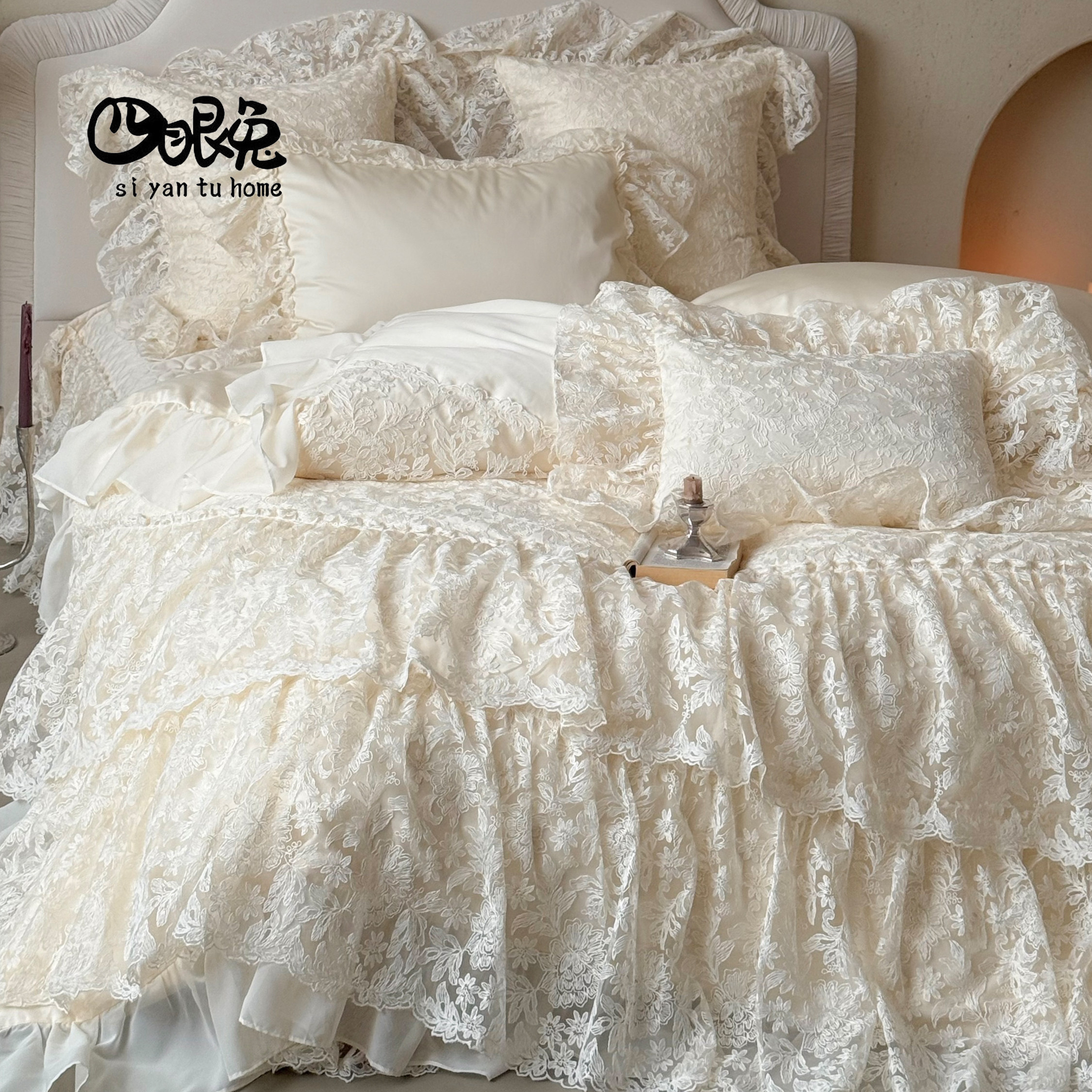 月神塞勒涅︱法式重工蕾丝全棉长绒棉四件套纯棉复古宫廷被套床品