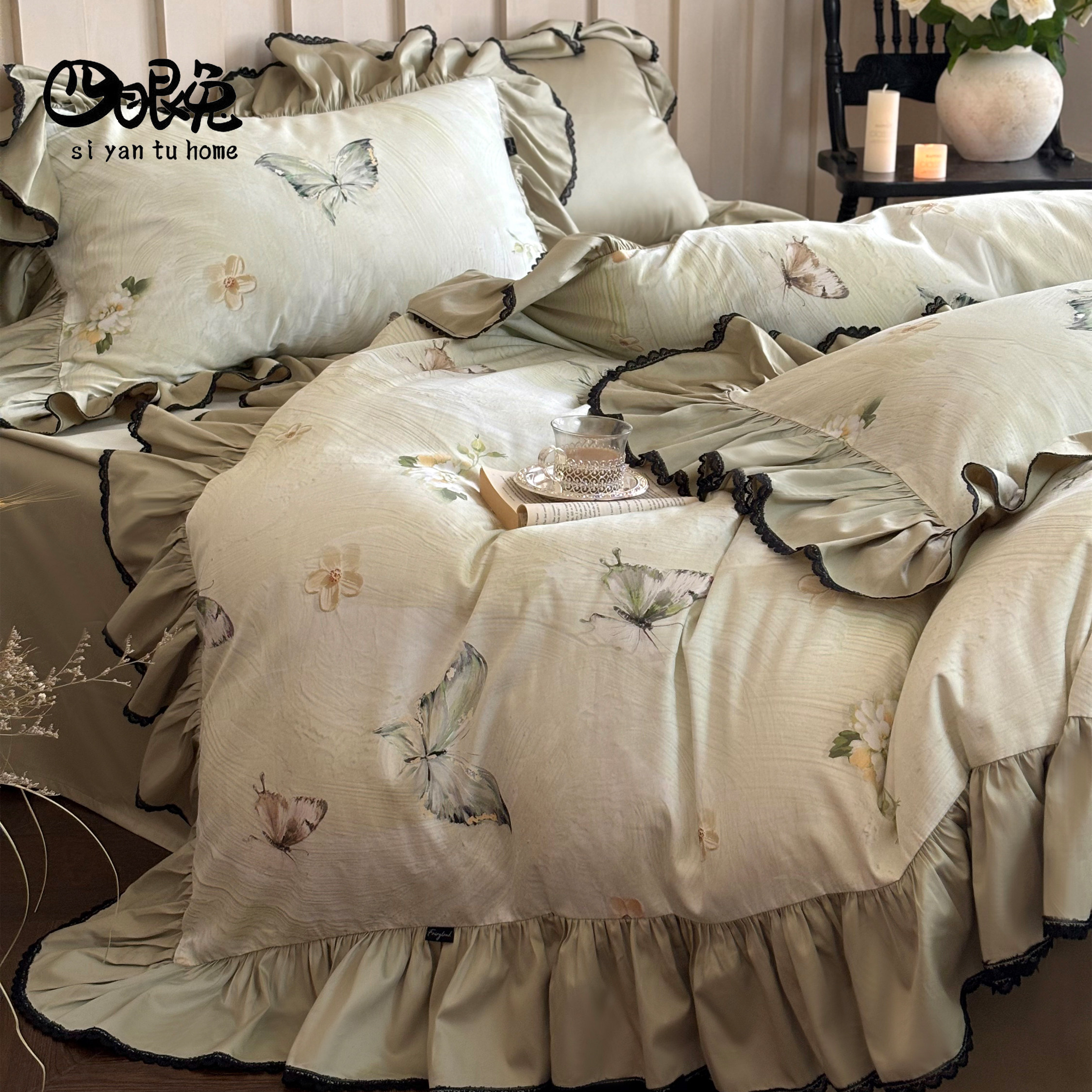迷蝶春尘︱法式少女浪漫全棉长绒棉四件套纯棉贡缎被套床品小众