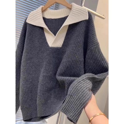 韩版秋冬风高级感新打底针织衫慵懒套头软糯毛衣上衣拼色大码女装