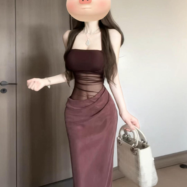 纯欲性感网纱拼接挂脖连衣裙女装夏季新款辣妹收腰显瘦包臀长裙子