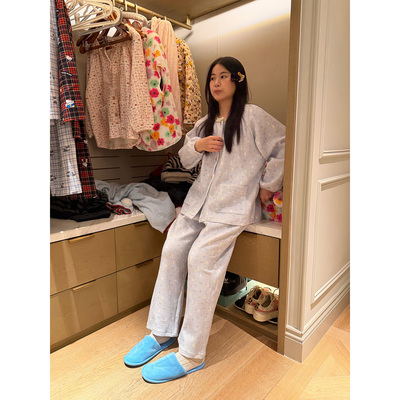 nini自制小白兔印花空气棉睡衣两件套女秋冬款宽松可爱保暖居家服