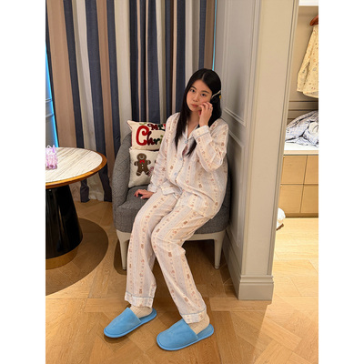 nini自制秋冬新品小熊印花纯棉亲肤睡衣女长袖长裤家居服套装女