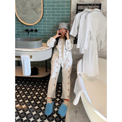 nini自制宝宝蓝小狗印花空气棉圆领睡衣两件套秋冬款保暖居家服女