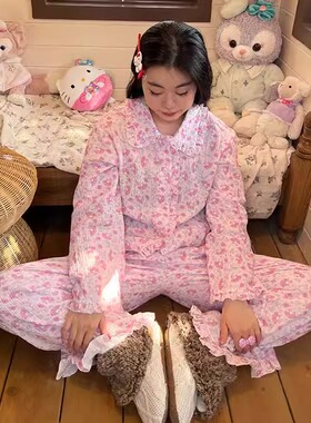 nini自制印花美乐蒂纯棉睡衣两件套女春夏款宽松双层纱绉居家服