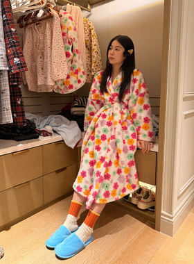 nini自制彩色花花法兰绒长款睡袍女保暖柔软慵懒A类珊瑚绒家居服