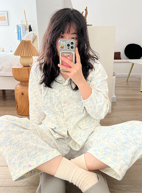 nini自制印花kt纯棉睡衣两件套女春夏款宽松可爱甜美纯棉居家服