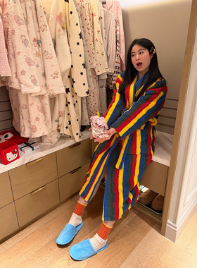 nini自制冬季彩虹条纹睡袍女珊瑚绒加厚加长款浴袍保暖抗静电御寒
