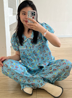 nini自制双层天丝狗狗印花夏季睡衣女泡泡短袖纯棉可外穿居家服女