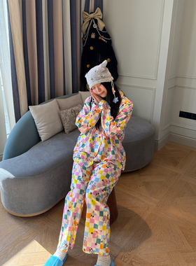 nini自制秋冬新品棋盘格米奇纯棉磨毛睡衣女长袖长裤家居服套装女