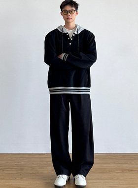 SIIIEND日系复古拼接连帽情侣男百搭休闲按扣衣襟简约美式卫衣