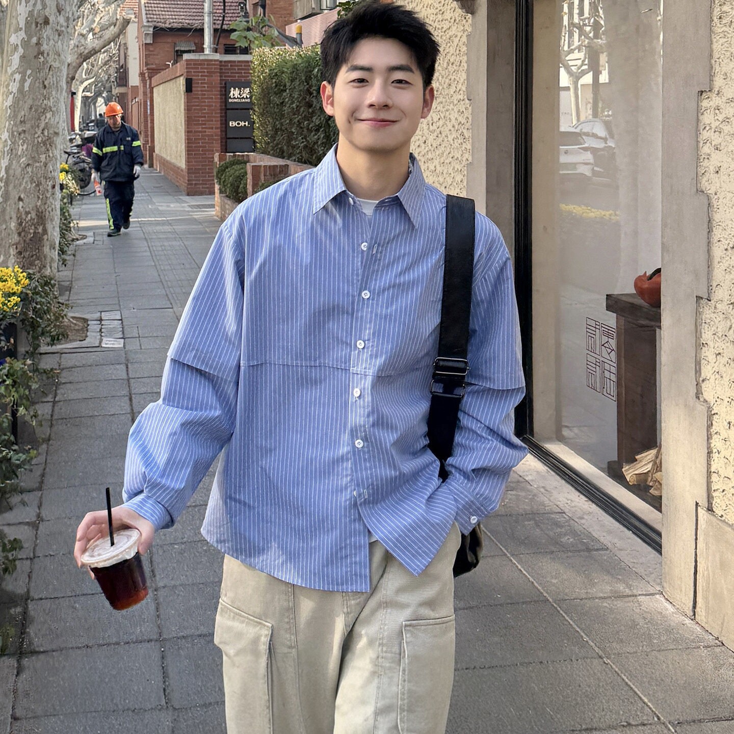 秋季双袖假两件工装条纹衬衫男