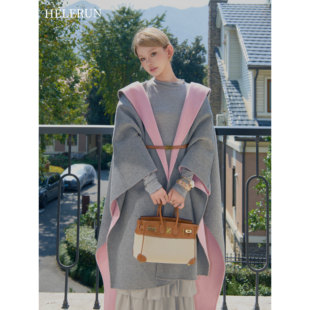 HELERUN 老钱风呢子大衣女 100毛双面呢斗篷毛呢外套秋冬长款