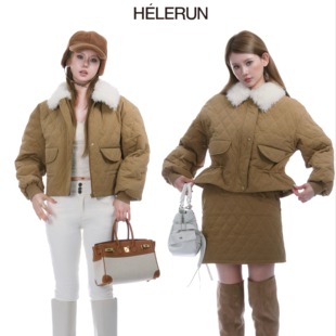 女冬季 菱形格棉服外套千金风毛领套装 加厚保暖棉衣 miu系 HELERUN