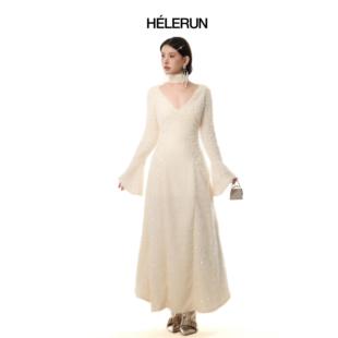 连衣裙 原创系带拼接亮片收腰V领长款 春夏女 白梨赴雪 HELERUN