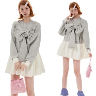 HELERUN 「轻松时髦」蝴蝶结绑带假两件荷叶边下摆卫衣连衣半裙春