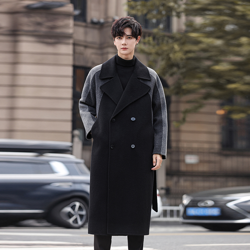 男士毛呢大衣过膝中长款羊毛风衣拼接撞色翻领双面呢子高级感外套