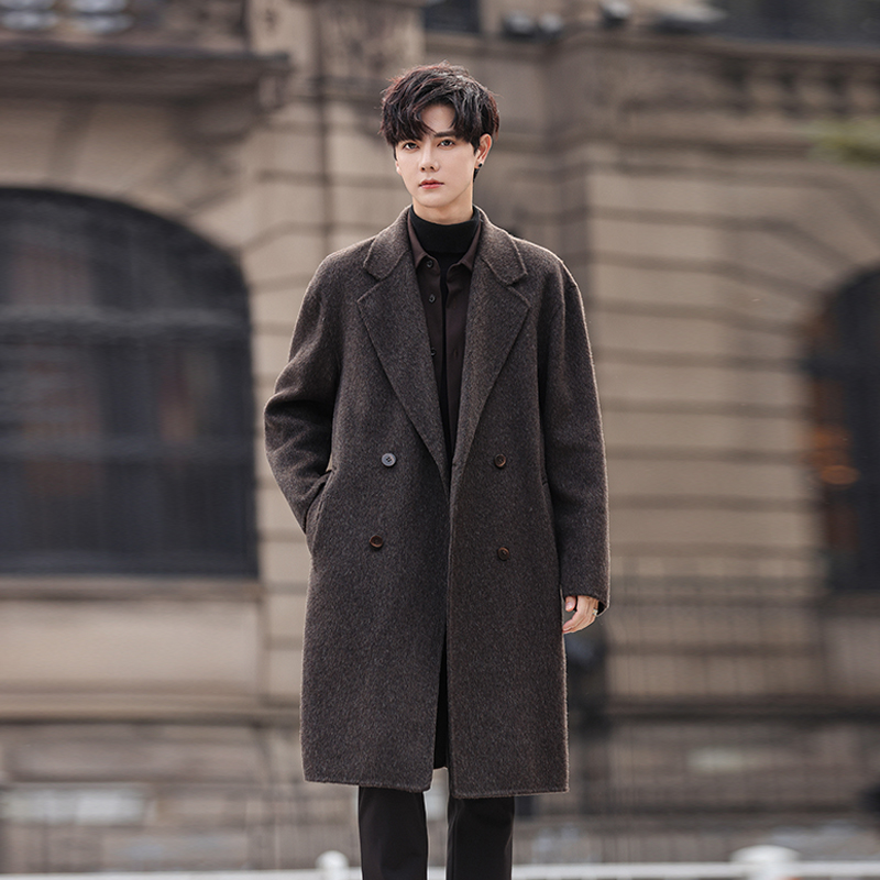 假两件羊毛呢秋冬男士长款双面羊绒大衣毛呢子风衣外套韩版