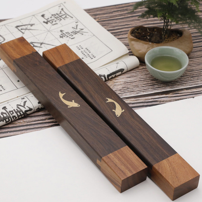 红瑾轩黑檀木小鱼锦鲤鱼镇纸一对