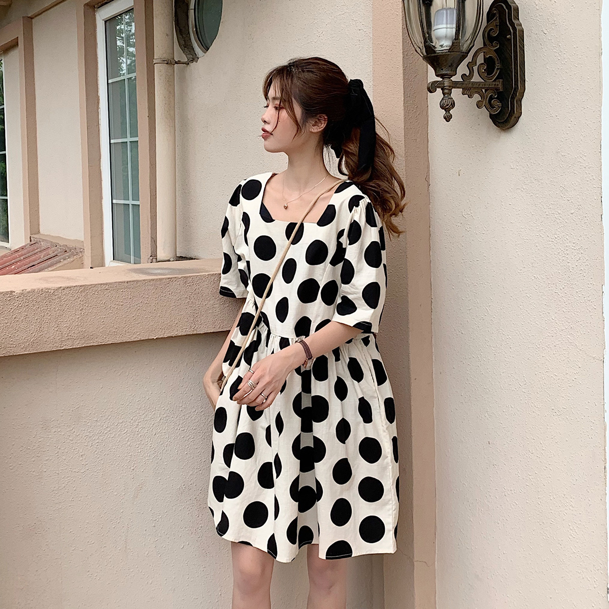 #Real price: 2021 new summer French Polka Dot square neck short sleeve dress