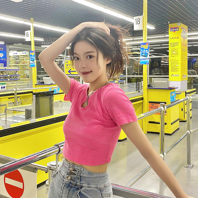 Hot girl's design with real price high waist short open navel short sleeve T-shirt women's summer