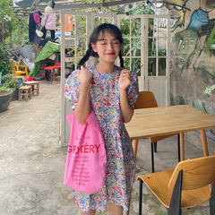 Real price French first love sweet little bubble sleeve floral dress women's summer