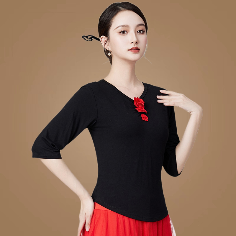 广场舞新款服装 莫代尔琵琶中袖古典跳舞上衣 舞蹈练功服表演衣服