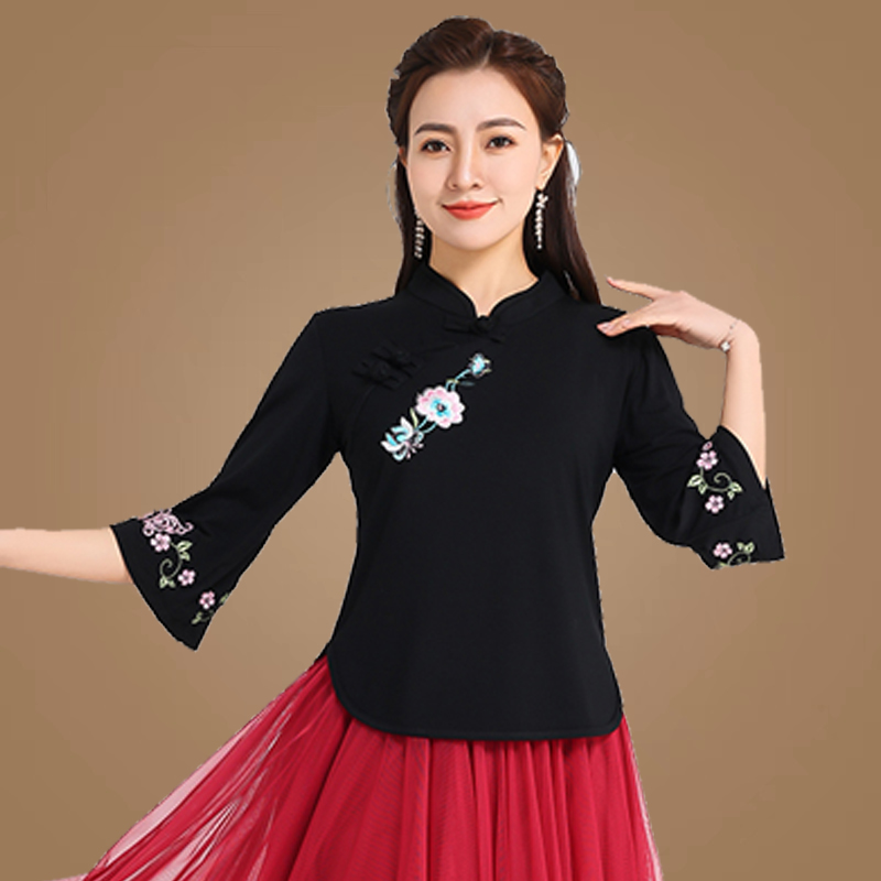 广场舞服装新款上衣莫代尔古典衣服民族风立领盘扣舞蹈t恤跳舞服
