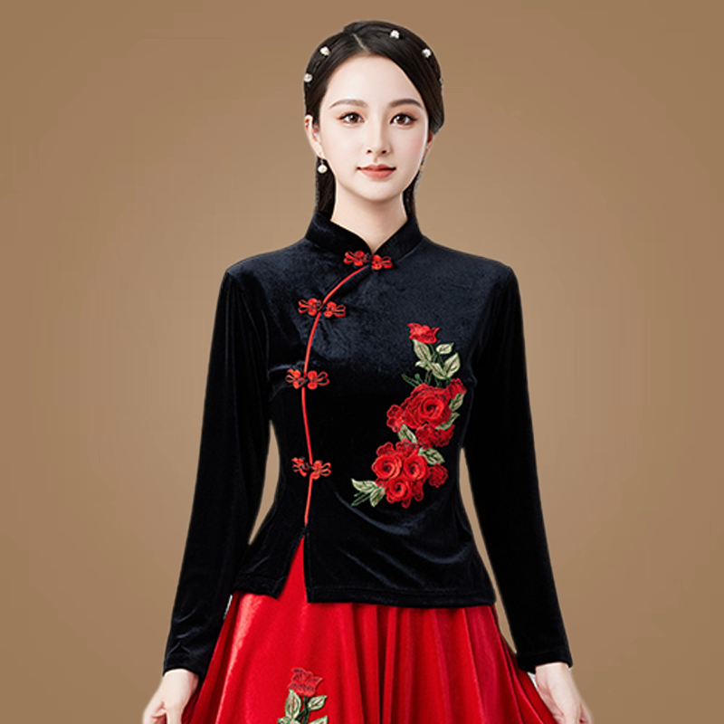 广场舞服装新款上衣古典盘扣中式舞蹈衣服金丝绒跳舞衣服演出服女