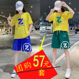 女夏天短袖 嘻哈曳步舞服装 套装 跳广场舞宽松运动服两件套 新款 短裤