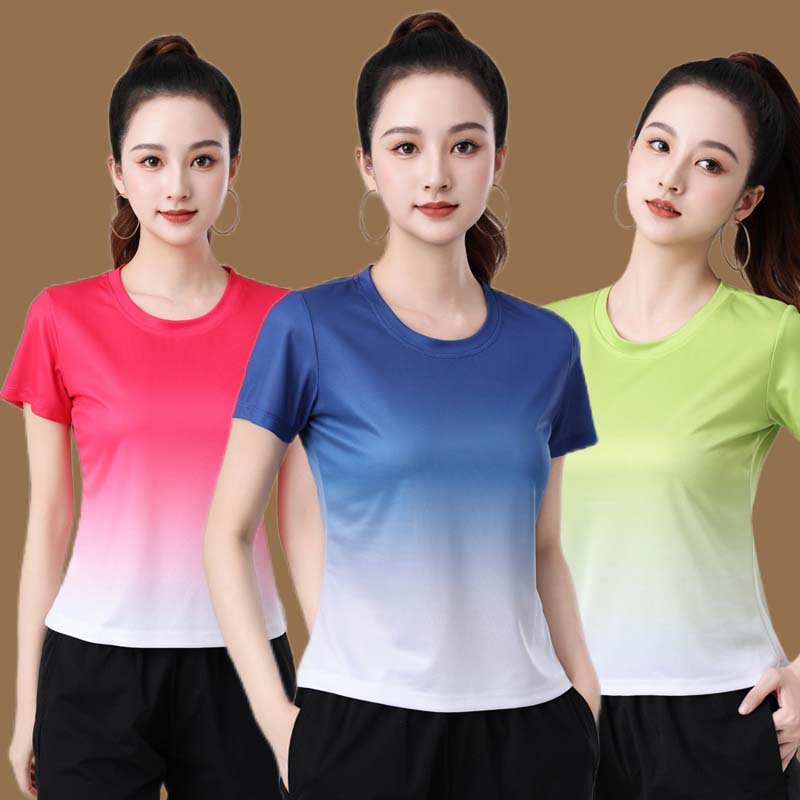 夏季新款短袖上衣渐变色瑜伽服速干运动服户外跑步健身服运动t恤