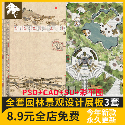 全套景观园林设计展板 城市广场小游园中心公园SU模型PSD配套方案