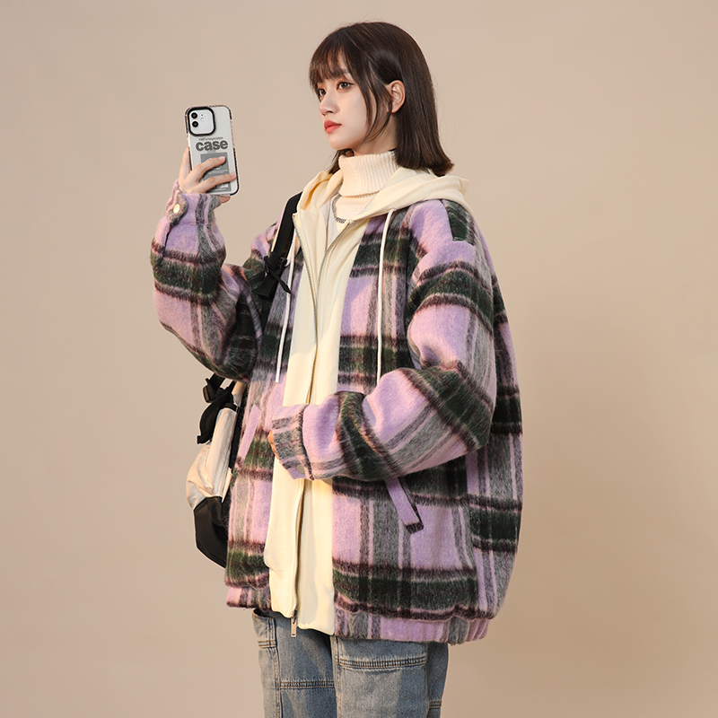 小香风毛呢格子外套男冬季棉衣