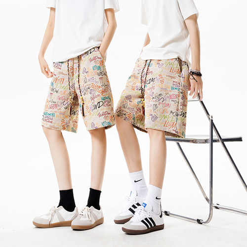 美式复古涂鸦针织五分短裤男
