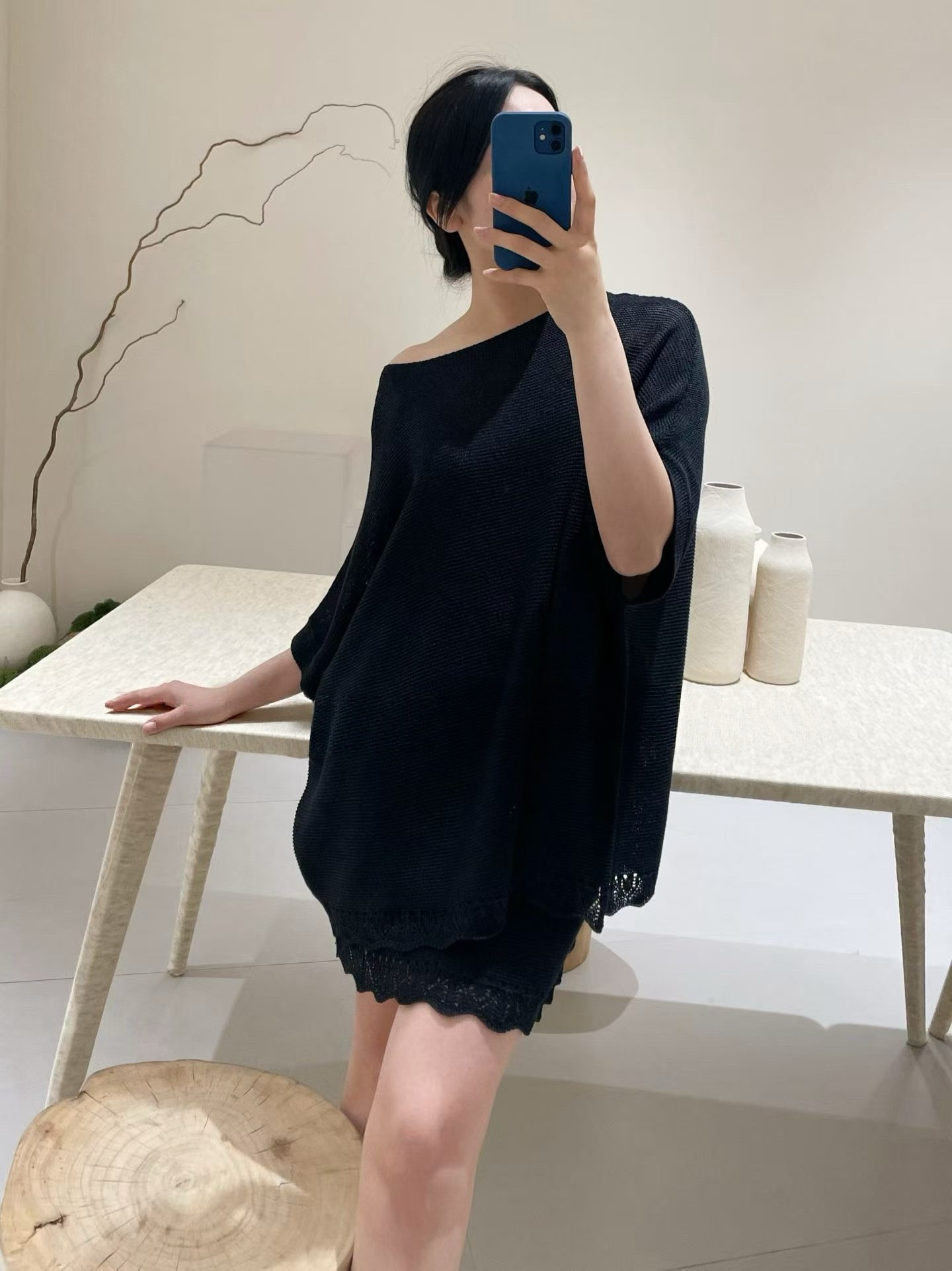 欧货春夏和纸纱镂空花边圆领短袖针织衫女两件套蝙蝠袖+小A裙套装
