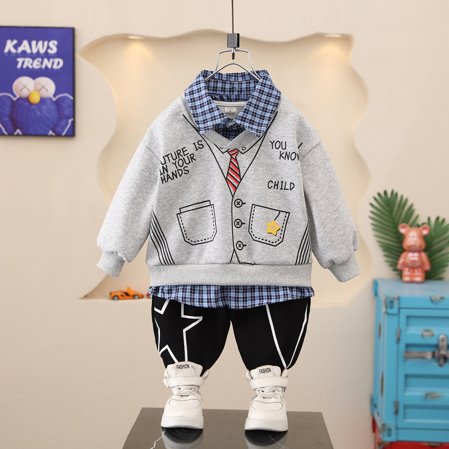 男童套装春秋2026新款时髦儿童春装男孩卫衣酷帅气韩范假两件衣服