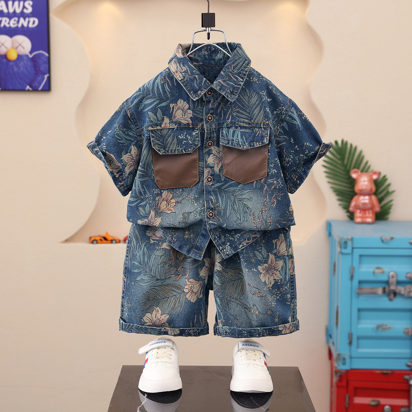 男童夏装套装2026新款韩版牛仔短裤儿童花衬衫短袖男孩夏季两件套