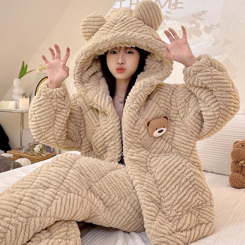 睡衣女秋冬季三层加厚珊瑚绒夹棉加绒可爱法兰绒可外穿家居服套装