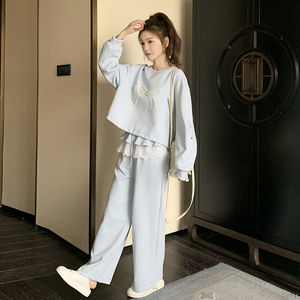 韩系蓝色休闲运动套装女2025春秋季新款减龄宽松卫衣阔腿裤两件套