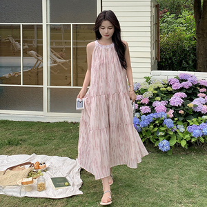 法式减龄粉色扎染无袖背心连衣裙女夏2025新款甜美显瘦多巴胺长裙图片