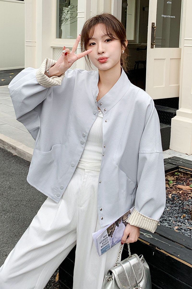 韩版休闲立领外套女2025春季新款百搭显瘦拼接小个子短款夹克上衣,女装短外套,浙宝176（原073）