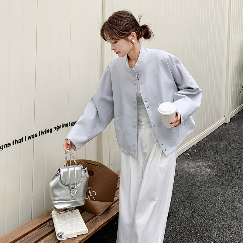 浅蓝色立领休闲短款外套女春秋2025新款小个子上衣韩版独特超好看,女装短外套,浙宝176（原073）