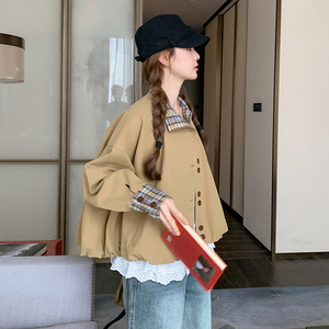 【数据好】韩系休闲格子拼接短外套女百搭夹克上衣8818-P160-K238图片