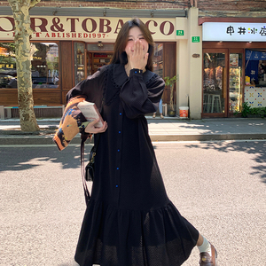 黑色高级感娃娃领连衣裙女2025春季新款双层拼接减龄花边长袖裙子