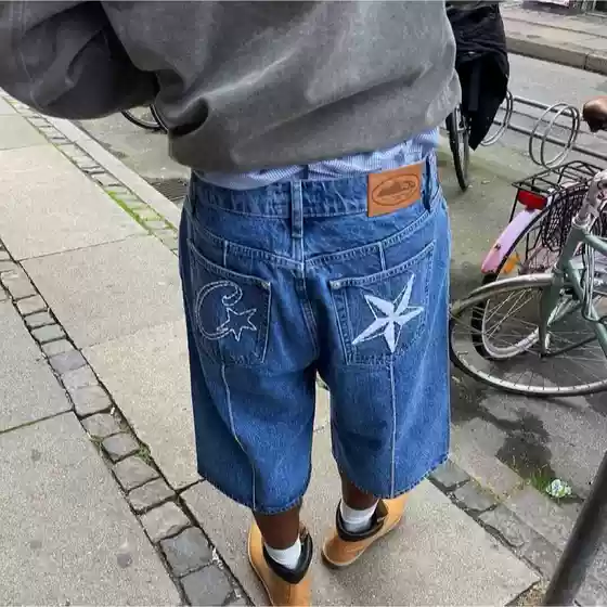Corteiz Alcatraz Embroidered Five-Pointed Star Denim Shorts Men's Summer High Street Loose Casual Five-Point Pants Trendy