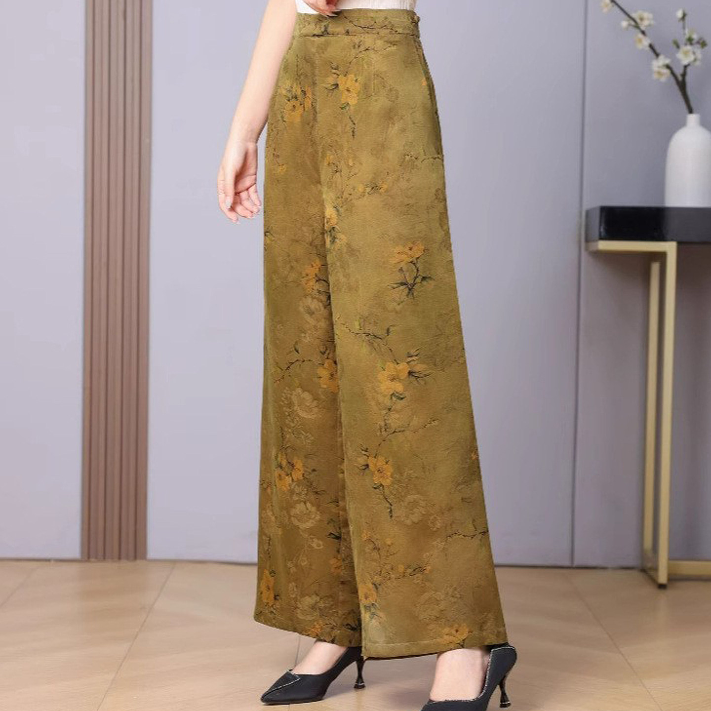 香云纱阔腿裤女士桑蚕丝花萝裤夏季新款花色宽松妈妈真丝洋气裙裤