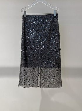 商场同款2026春季款开叉包臀裙银色亮片裙子半身裙女BR351114-789