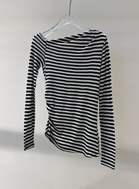 佳禾艾诺丝2026春季新款一字领斜肩条纹针织衫女修身上衣BR601138